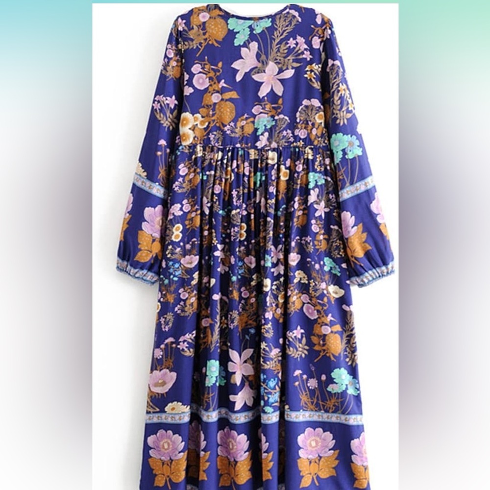 Blue Pink Long Sleeve Sundress with Bishop Sleeves